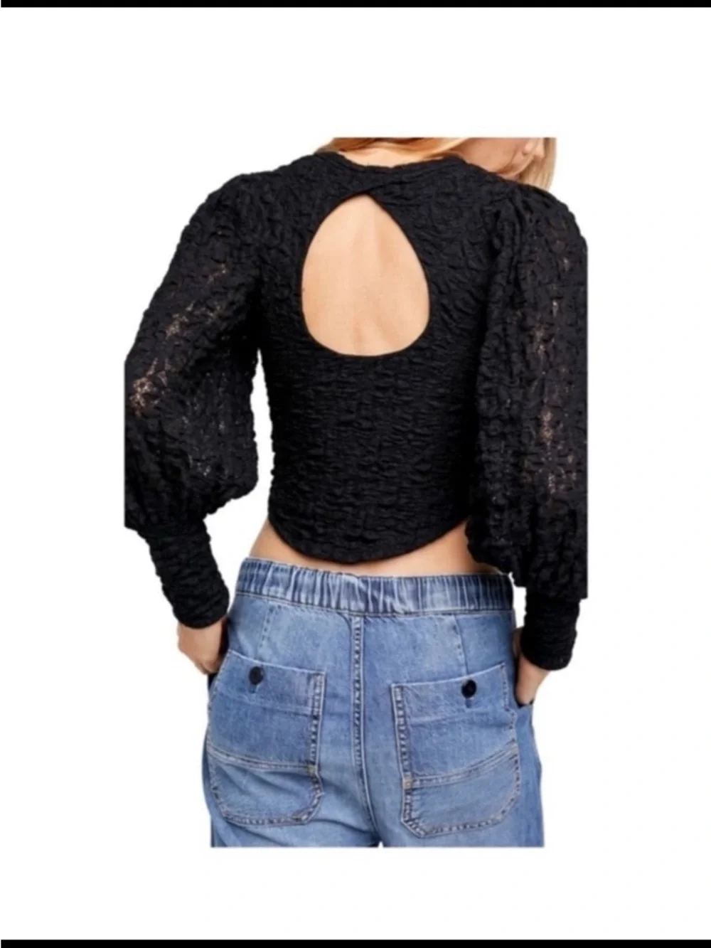 Free People Tea Time Lace Open Back Puff Sleeve Top Black Small Women’s NWT
